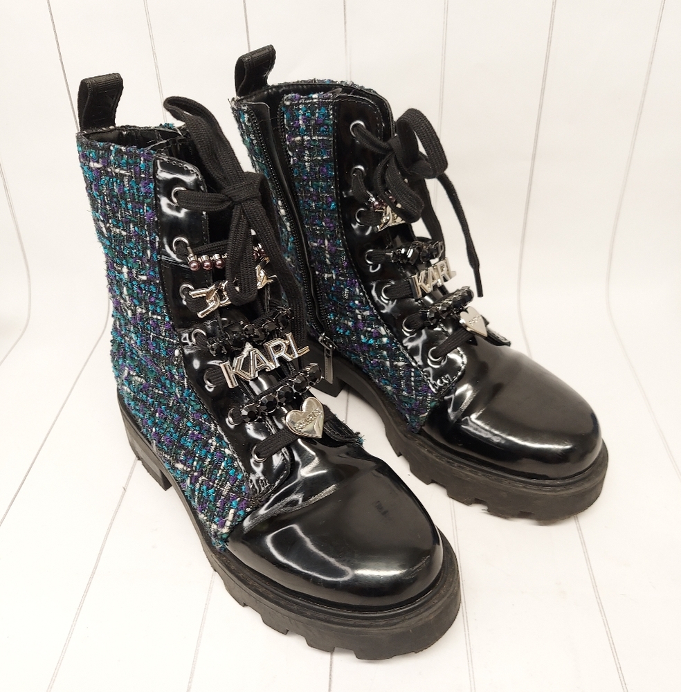 KARL LAGERFELD Paris Mela Black and Blue Tweed Embellished Combat Boots--6.5